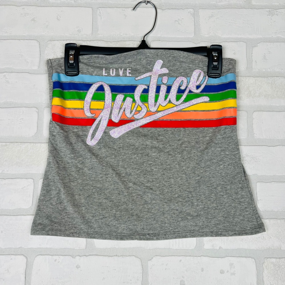 Justice Girls Grey Rainbow Glitter Love Justice Tube Top Strapless Shirt Size 14